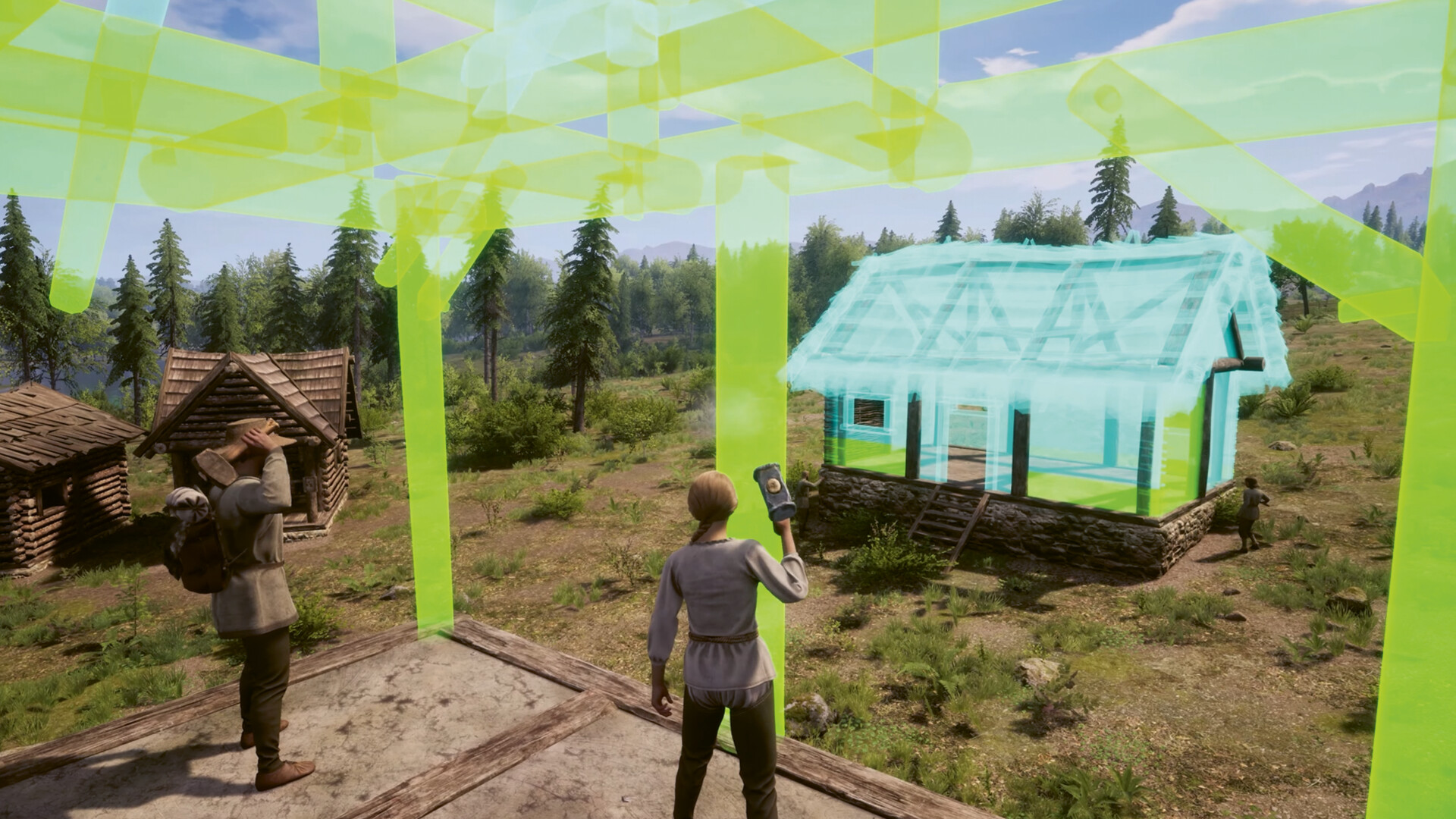 Personaje mujer del juego construyendo una casa junto a otro personaje hombre