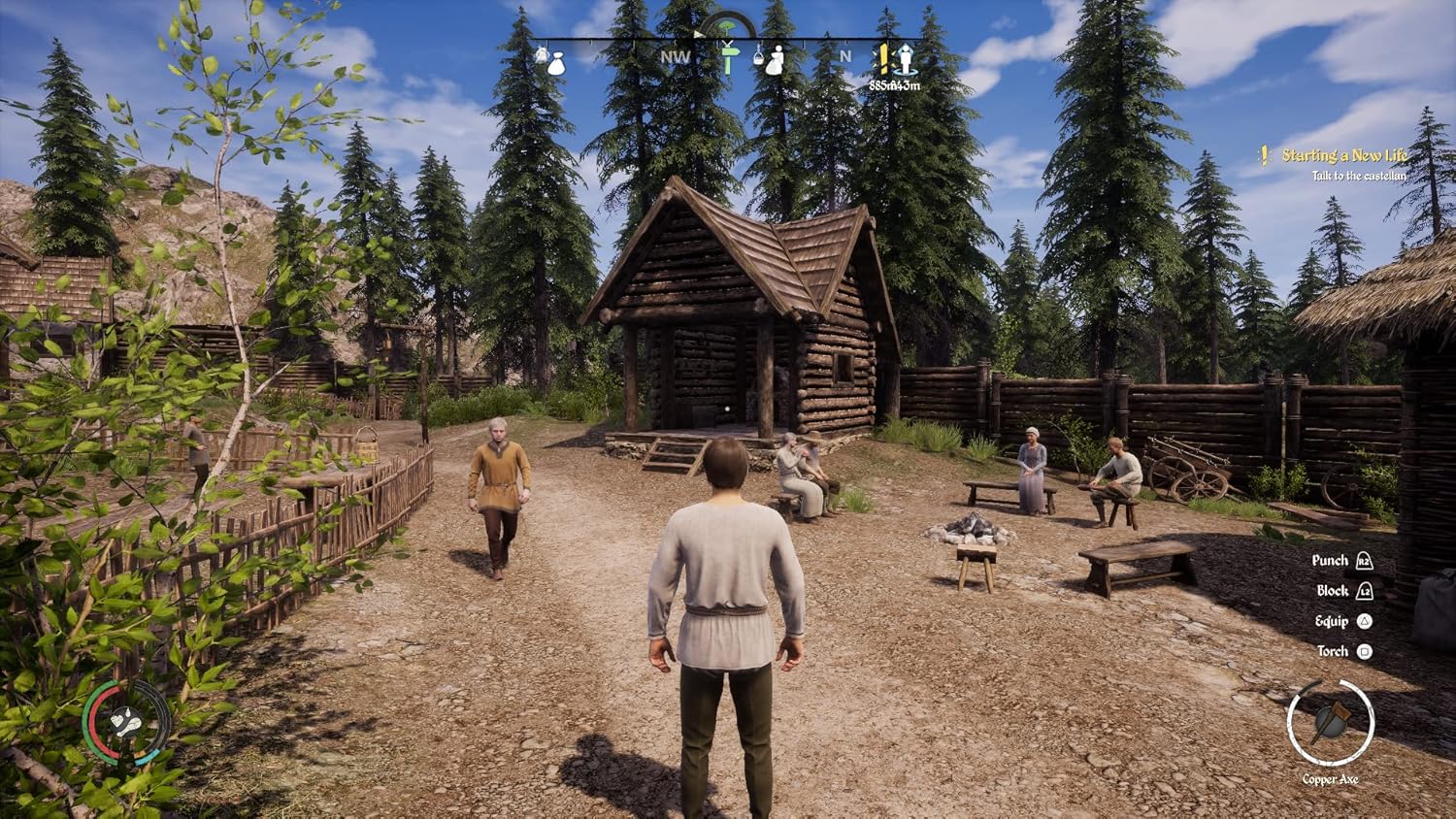 Vista en tercera persona de una aldea dentro del juego